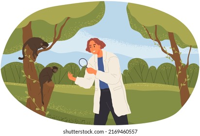 Woman Examines Wildlife Of Forest Or Jungle. Female Researcher Analyzes Behavior Of Monkeys On Tree. Ecological Research, Nature Exploration Concept. Scientist Watching Wild Animals In Habitat