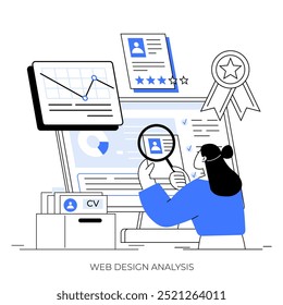 Woman examining a computer screen with charts, graphs, and documents. Ideal for web design analysis, user experience research, data interpretation, job applications, and performance reviews. Modern