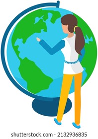 Woman examining globe and choosing location for vacation. Planning trip, travel with model of planet. Lady looks at layout of planet Earth with continents and water. Girl standing near world globe