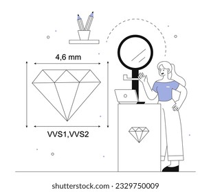 Woman examining jewelry line concept. Young girl examines diamond with magnifying glass. Wealth and luxury, jewelry store. Brilliant and gemstone classification. Linear flat vector illustration