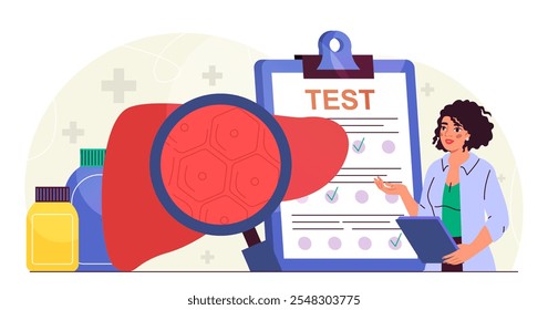 Woman examining liver. Young girl with magnifying glass evaluates internal organ. Healthcare and medicine. Diagnosis and treatment. Flat vector illustration isolated on white background