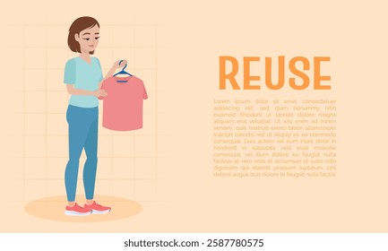 Woman examining second-hand clothes for sustainable fashion choices. Modern minimalist illustration promoting environmental consciousness and reuse culture