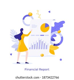 Woman examining whiteboard with diagrams on it. Concept of financial report or statement, business presentation, profit or revenue indicators, company's audit. Flat vector illustration for poster.