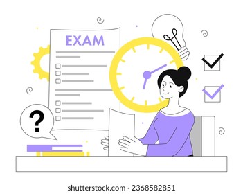 Woman with exams line concept. Young girl with documents and lists. University studying prepare for test and examination. Education, learning and training. Linear flat vector illustration