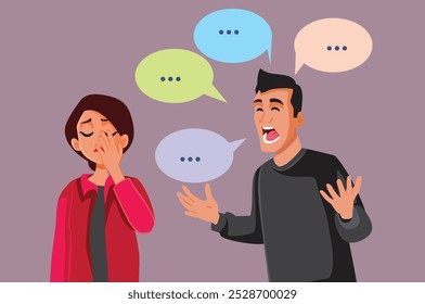 
Woman Exasperated by Chatterbox Husband Vector Cartoon Illustration. Condescending man explaining too much to a girlfriend 
