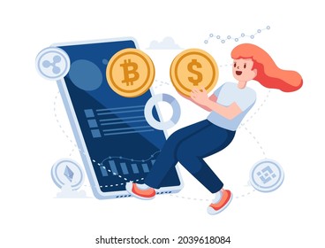 Woman Exchange Dollar Coin to Bitcoin Through Smartphone App. Cryptocurrency Exchange Trading Platform Concept.