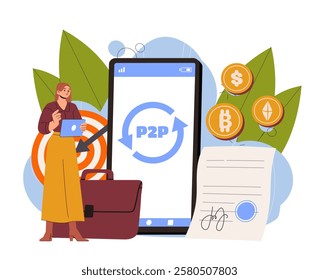 Woman exchanges cryptocurrency. Young girl near smartphone with golden coins. Blockchain technology and cryptography. Trading and investing, economics. Flat vector illustration