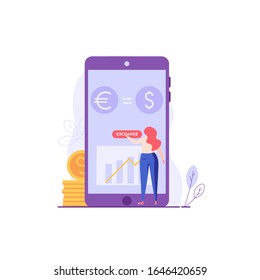 Woman exchanges money in mobile bank service with coins euro dollar. Concept of banking, currency exchange, digital currencies. Vector illustration in flat design for UI, web banner, mobile app