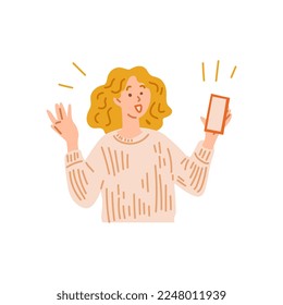 Woman excited about phone notification, flat vector illustration isolated on white background. Happy and surprised character. Shock, amaze and astonishment face expression.