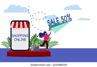 woman excited about promotion  Online shopping on smartphone with 50% discount, vector illustration