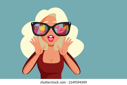 
Woman Excited with Delicious Food Vector Cartoon Illustration. Funny girl dreaming of the menu of a fast-food restaurant during diet
