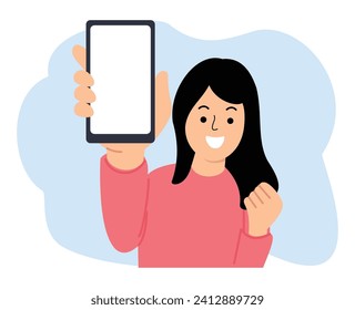 mujer emocionada sosteniendo un smartphone con pantalla en blanco