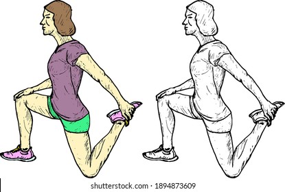 A woman executing the kneeling quadriceps stretch warmup exercise. Hand drawn vector illustration.