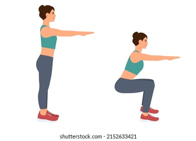 Woman executing the squat exercise.Physical training right squats.Correct posture.Vector Illustration isolated