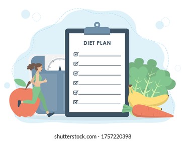 Woman Exercise With Diet Plan On Clipboard, Fruits, Vegetables And Weight Scale In Background. Healthy Diet, Weight Loss And Nutrition Consultation Concept. Flat Vector Illustration.