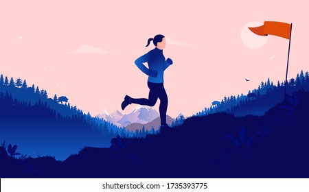 Woman exercise goals - Female jogger running outdoors towards waving flag on top of hill. Determination, morning routine, wellbeing and workout concept. Vector illustration.