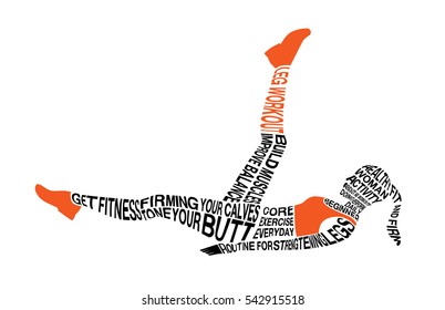 Woman exercise with lying on the floor and swing leg. Fitness illustration in typographic style.