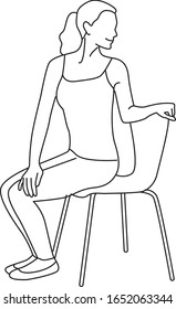 woman exercise on chair, twist pose, line art vector illustration