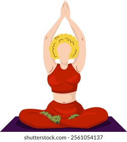  A woman exercise on a yoga mat. Mindfulness meditation, practice, inner harmony, balance mind, body, soul. Yogi sitting in asana. Vector illustration