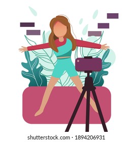 woman exercise online with smartphone. isolated vector concept for gym and yoga class with leaves and shapes. 
