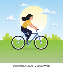 woman exercise with ride bicycle for health outdoor park in morning cool light, flat illustration design