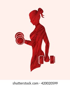 Woman exercises with dumbbell designed using red grunge brush graphic vector