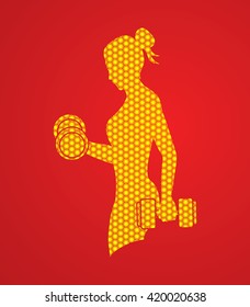 Woman exercises with dumbbell designed using hexagon pattern graphic vector