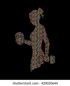 Woman exercises with dumbbell designed using colorful mosaic graphic vector