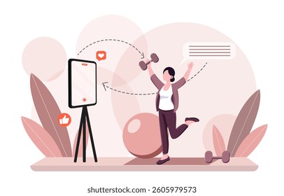 A woman exercises with a dumbbell while recording her fitness session on a smartphone, in flat style, on a soft abstract background. Concept of online training. Vector illustration