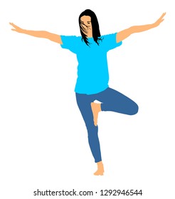 Woman exercises yoga, Yoga pose vector illustration isolated on white background. Young woman morning practice in gym. Ballet girl pose.Work out, warming up, spirit exercise.