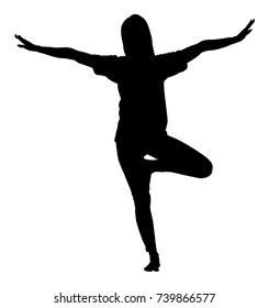 Woman exercises yoga, Standing yoga pose vector silhouette illustration isolated on white background. Young lady worming up, work out activity in gym. Health care practice. In healthy body health mind