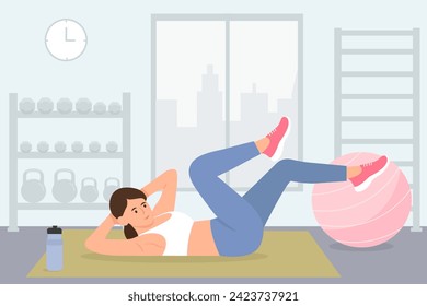 Mujeres haciendo ejercicio de los abdominales en el gimnasio. El codo a la rodilla se rompe. Ejercicio de las contracciones de cuerpo cruzado. Concepto de pérdida de peso.Ilustración del vector