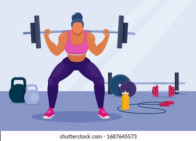 Woman exercising with barbell. Woman with muscular body lifts a barbell on the shoulders and does squats in the gym. Flat vector illustration