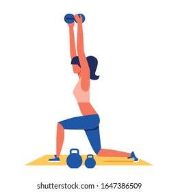 Woman Exercising with Dumbbells on Yellow Gymnastic Carpet. Sports Training for Women. Sports Clothes. Pumping Muscles. Training with Dumbbells and Weight. Vector Illustration. Healthy Lifestyle.