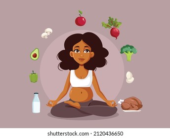 
Woman Exercising and Eating Healthy During Pregnancy Vector Illustration. Mother to be having a balanced diet relaxing and practicing sports 
