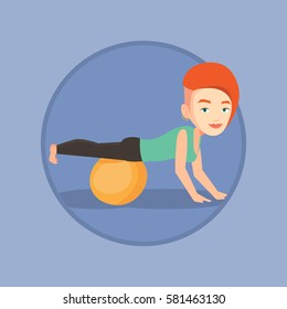 Woman exercising with fitball. Woman training triceps and biceps while doing push ups on fitball. Woman doing exercises on fitball. Vector flat design illustration in the circle isolated on background