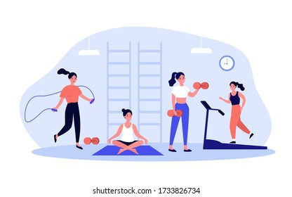 Woman exercising in fitness club or gym, practicing weight body workout, yoga and cardio training, jumping rope, running on treadmill. Can be used for active lifestyle, activity, sport concept