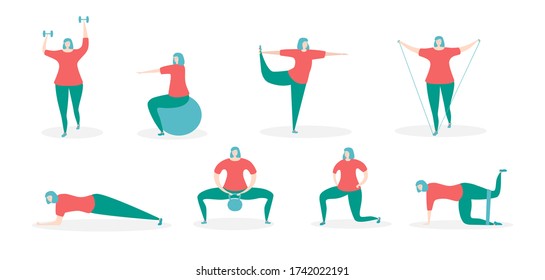 Woman exercising with fitness equipment. Girl in the different training positions. Working out with various accessories. Young woman doing sports at home. Set of different exercises. 