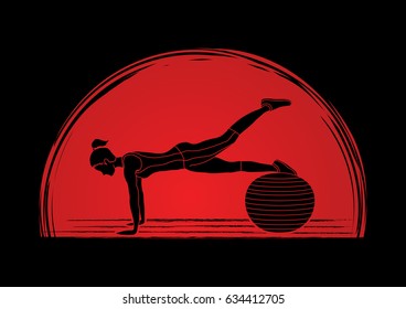 Woman exercising fitness swiss ball, female with pilates ball designed on sunrise graphic vector