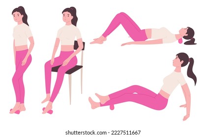 Woman exercising with foam roller, flat vector illustration isolated on white background. Set of cute and healthy female character doing pilates, yoga or self massage. Neck, foot and calf stretching.