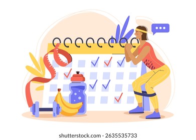 Woman exercising in front of calendar with check marks, fitness gear, and healthy food, flat graphic style on white background. Concept of wellness goals. Vector illustration