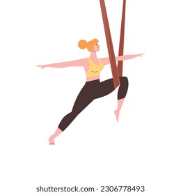 Woman exercising with hammock during aerial yoga class, flat vector illustration isolated on white background. Pilates stretching exercises. Fly yoga practice. Healthy lifestyle concept.