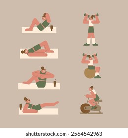 A woman exercising for her health. Abdominal exercise. Aerobic. Anaerobic. dumbbell. health club.
