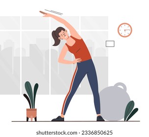 Woman exercising at home concept. Young girl warming up and stretching. Fitness and workout, active lifestyle, yoga. Sportswoman and athlete indoor. Cartoon flat vector illustration