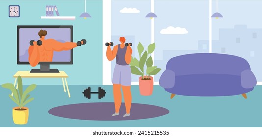 Woman exercising at home with dumbbells, following online fitness program. Indoor workout routine and healthy lifestyle concept vector illustration.