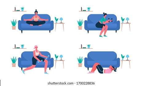 Woman exercising at home set. Woman doing workout indoor. Woman activities. Sport Healthy lifestyle, Fitness , Wellness Concept. Lunges, squat, yoga, crunches. Cartoon flat vector illustration.