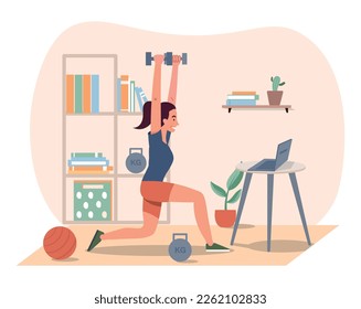 Mujer haciendo ejercicio en casa. Niña joven con campanas de púas y campanas de cetáceos hace ejercicio, entrenamiento. Fortalecer los músculos y quemar grasa, estilo de vida activo y atención de la salud. Dibujo vectorial plano de dibujos animados