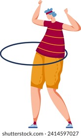 Woman exercising with hula hoop, fitness activity, casual attire, smiling. Fun workout and female health vector illustration.