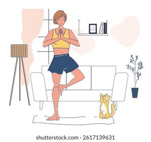 Woman exercising indoor. Young girl doing yoga. Active lifestyle and fitness, training and workout. Cardio training indoor, physical activity. Linear vector illustration