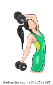 woman is exercising, a woman is lifting two dumbbell weights in her left and right hands, without background
